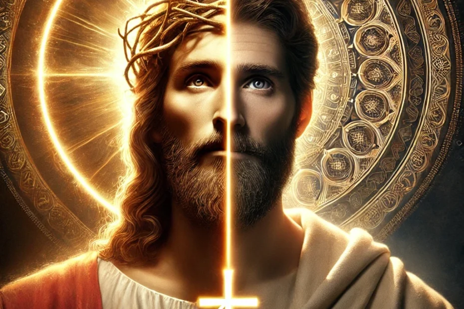 Das Bild zeigt eine geteilte Darstellung von Jesus in der Bibel und Jesus im Koran. Auf der linken Seite repräsentiert die Darstellung Jesus in der Bibel als den "Sohn Gottes". Er hat eine leuchtende, goldene Aura um seinen Kopf (Heiligenschein) und im Hintergrund ist ein strahlendes Kreuz sichtbar. Diese Seite betont seine göttliche Natur und symbolisiert seine Rolle als der Erlöser im christlichen Glauben. Auf der rechten Seite zeigt das Bild Jesus im Koran als einen weisen und ruhigen Propheten. Er ist ohne Heiligenschein oder göttliche Symbole dargestellt, wodurch seine menschliche und prophetische Natur betont wird. Hier steht er als wichtiger, respektierter Prophet, jedoch ohne den göttlichen Status, den er im christlichen Glauben hat. Die beiden Seiten des Bildes sind in einem harmonischen Gleichgewicht, was die verschiedenen Perspektiven auf Jesus in den beiden Religionen hervorhebt.
